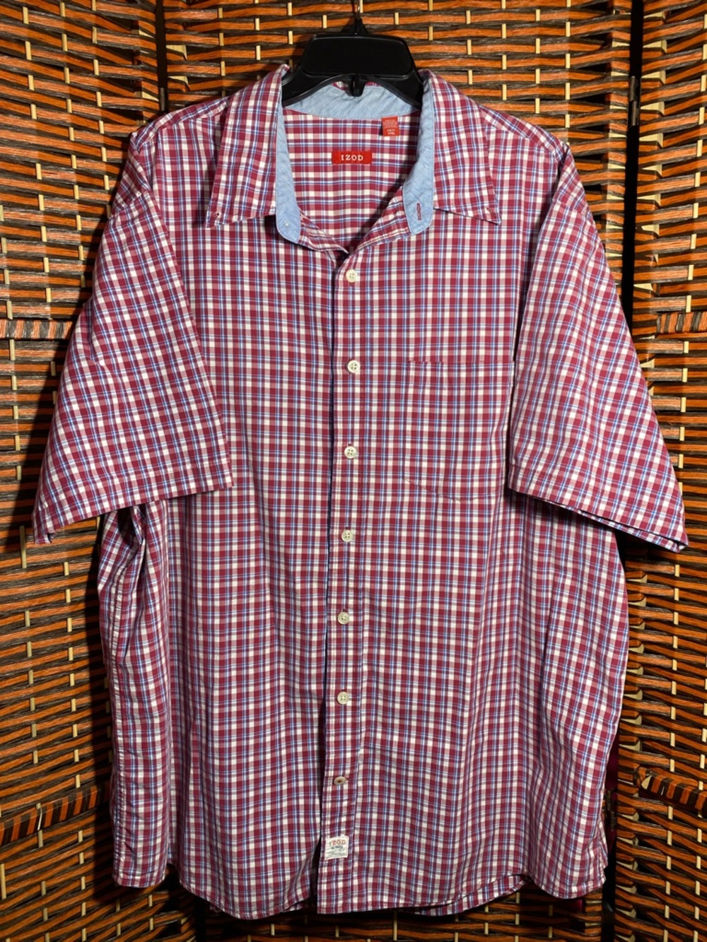IZOD Saltwater Men’s 2XLT Red Blue Plaid Button Front Shirt Short Sleeve